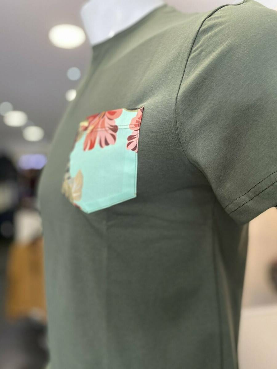 Trouver Tee-shirt casual kaki uni 100% coton poche poitrine fantaisie pour homme ras du cou à Nice